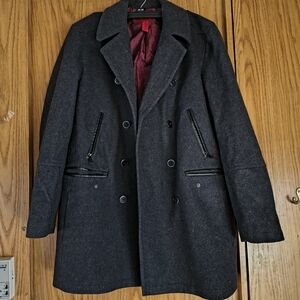 Alfani Men's Double-Breasted Pea Coat in Dark Gray with Burgundy Lining